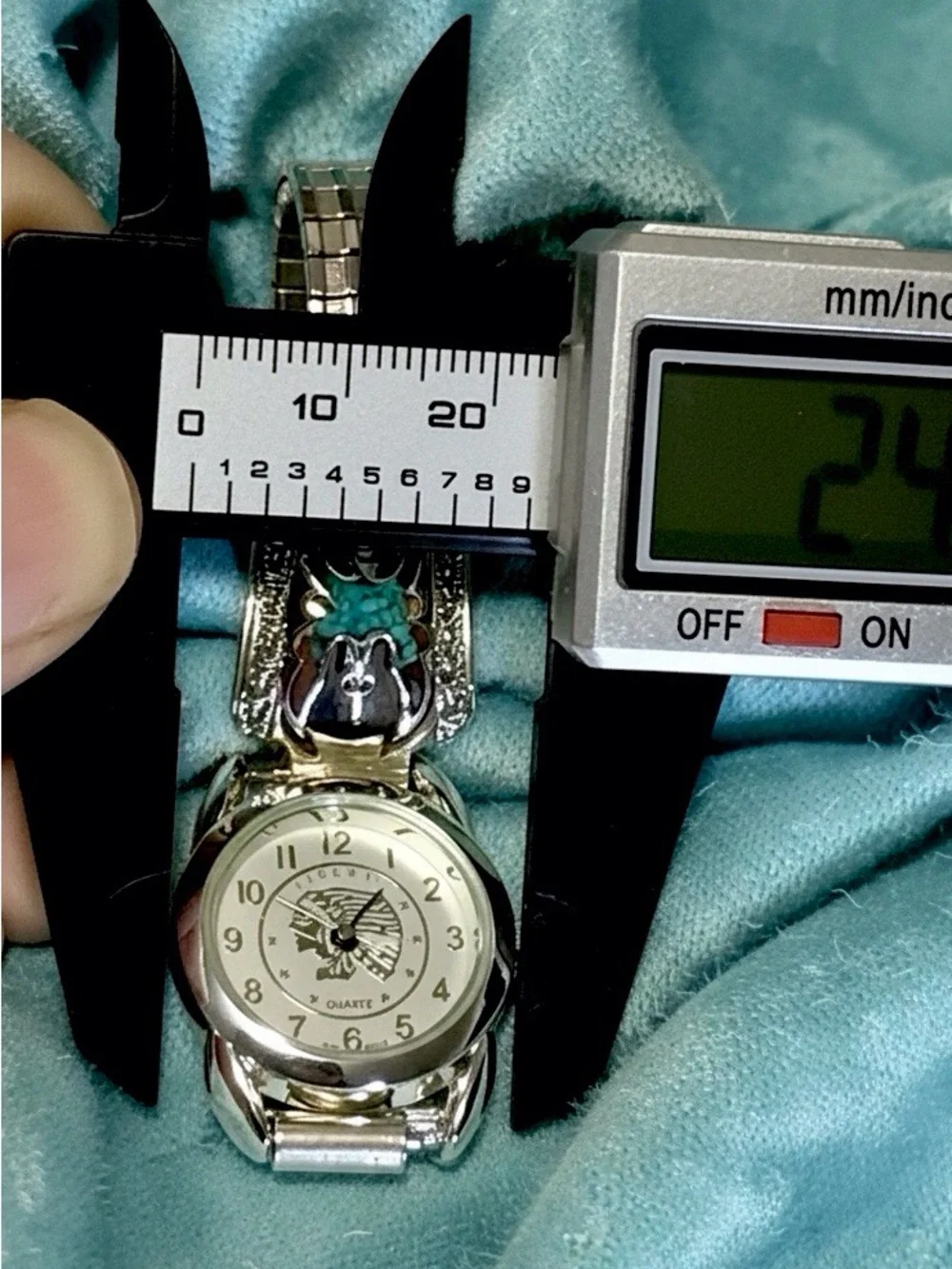 Silver Indian Head Watch Sterling Navajo Turquoise/Coral Thunderbird Band